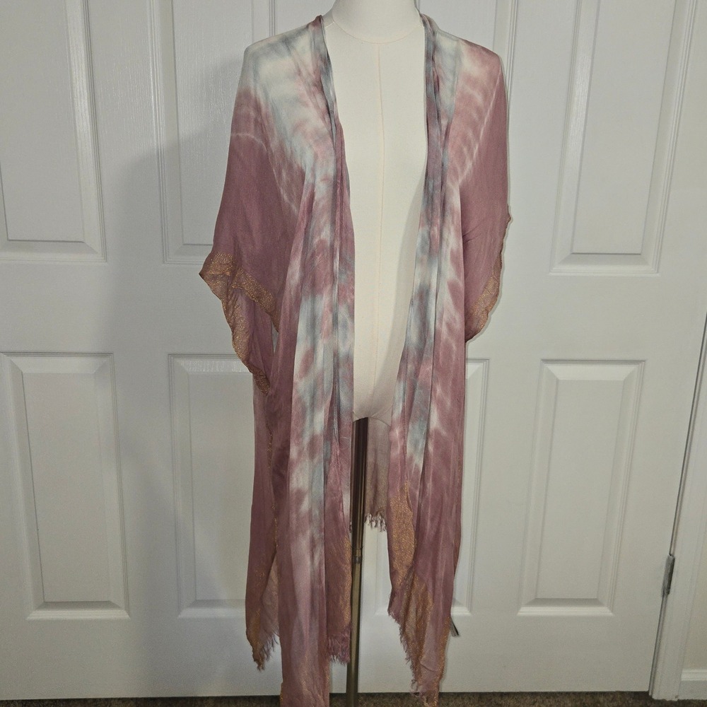 Unbranded Kimono Wrap Womens OS Mauve Tie Dye Gold Metallic Trim Frayed Hem